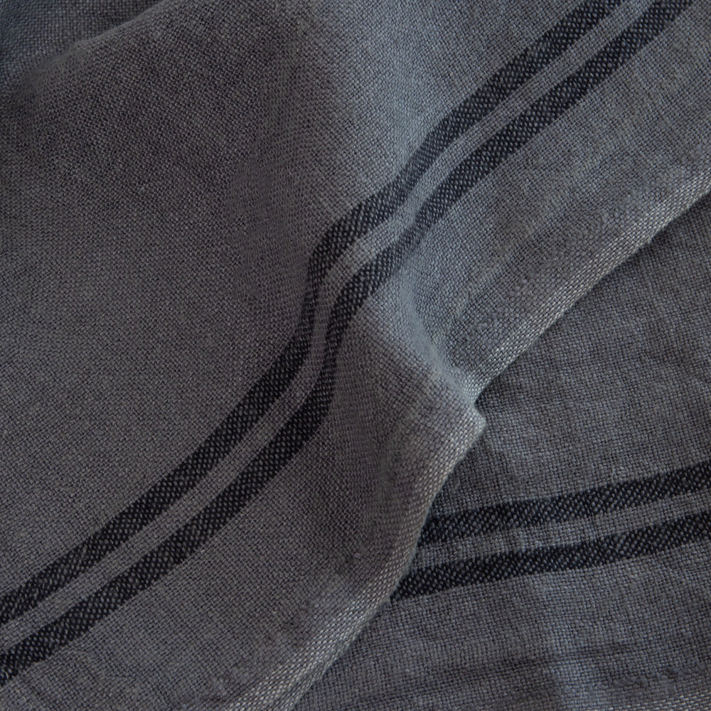 steel grey linen tea towel with 2 dark stripes at either end