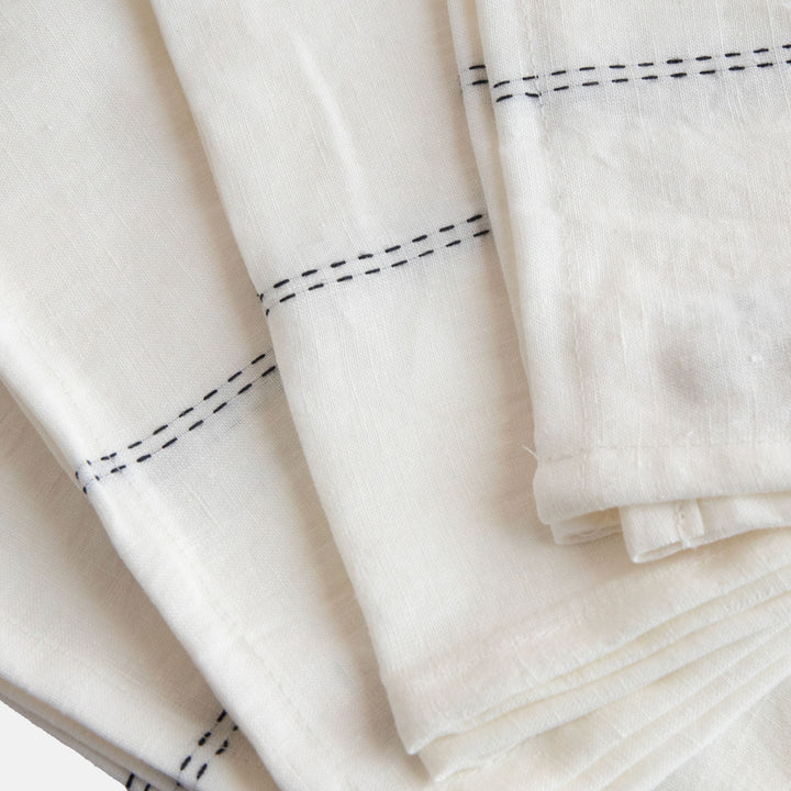 set of 4 white linen napkins with black stitch detailing 