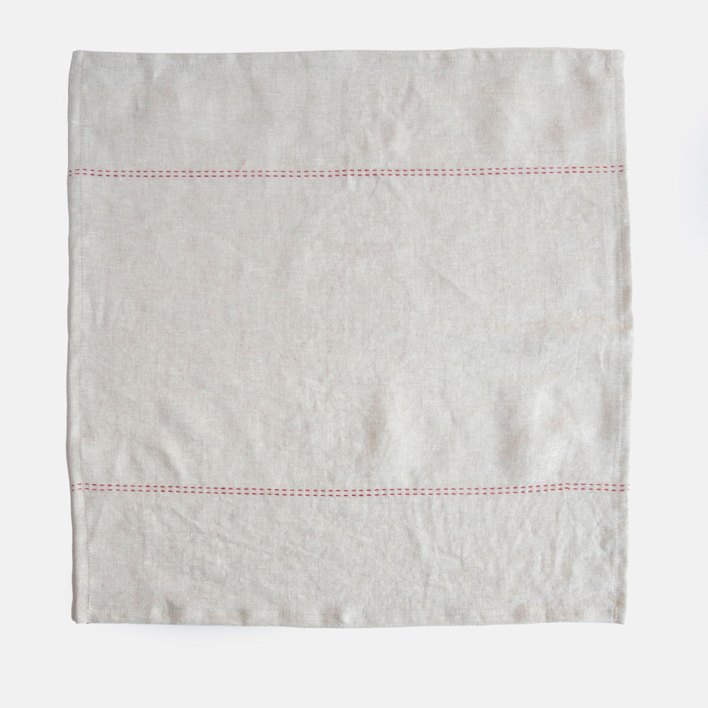 set of 4 natural linen napkins with red stitch detailing 