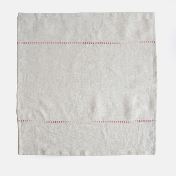 set of 4 natural linen napkins with red stitch detailing 