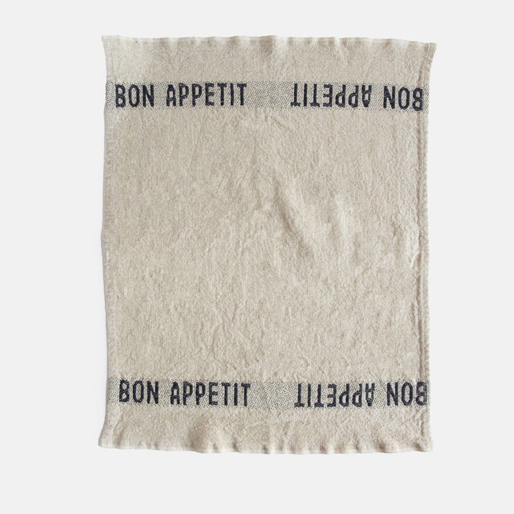 set of 4 pure linen napkins in natural colour with black bon appetit wording at either end
