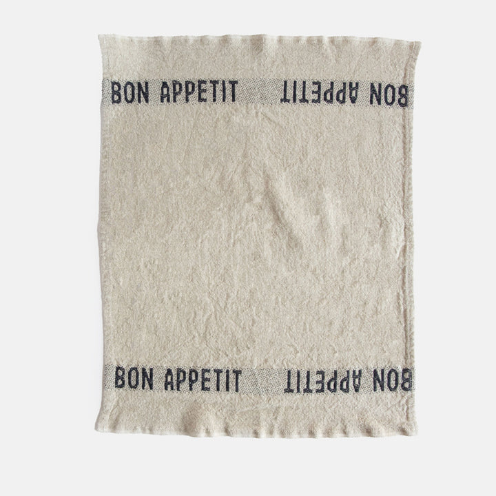 set of 4 pure linen napkins in natural colour with black bon appetit wording at either end