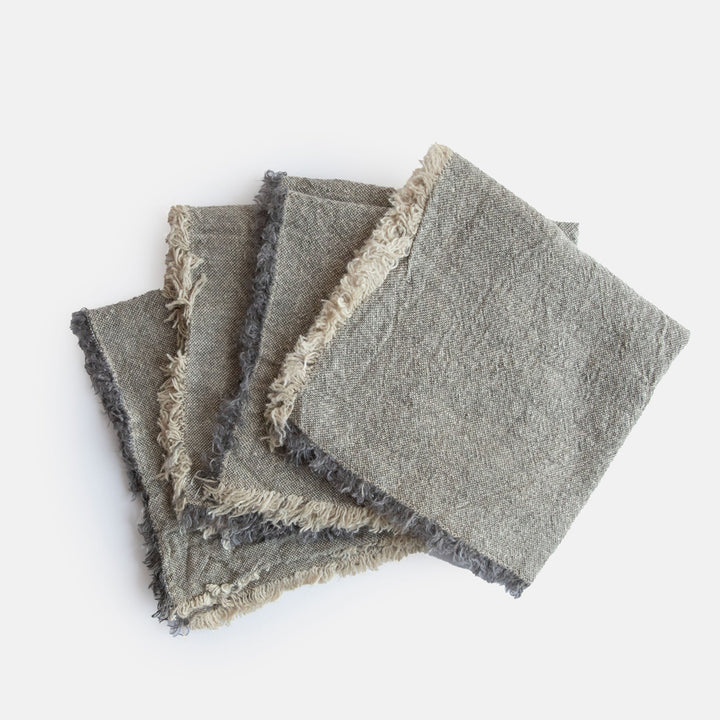set of 4 graphite grey linen napkins with tasselled edges