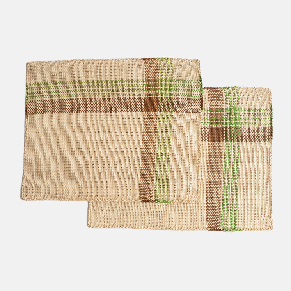 Green & Tan Check Straw Placemats Set Of 2