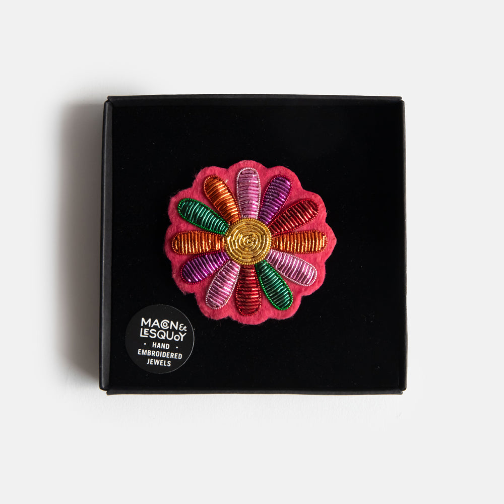 multi coloured flower hand embroidered beaded brooch in a velvet presentation box