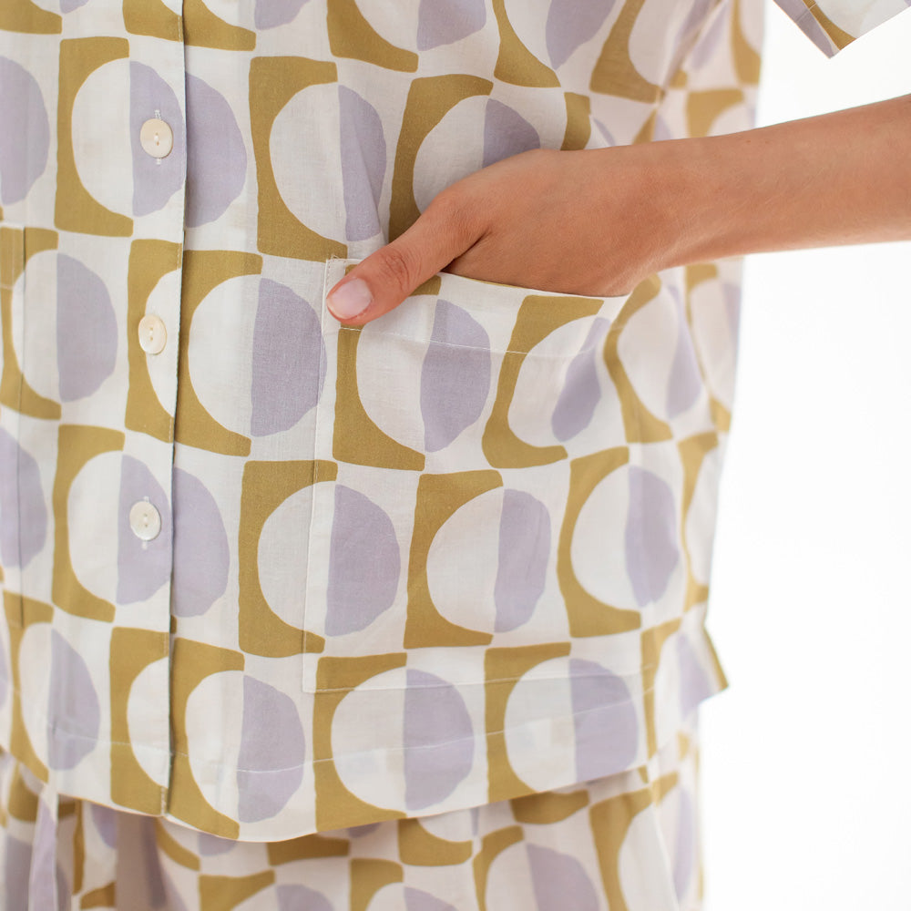 Patterned shirt with geometric design on a plain background