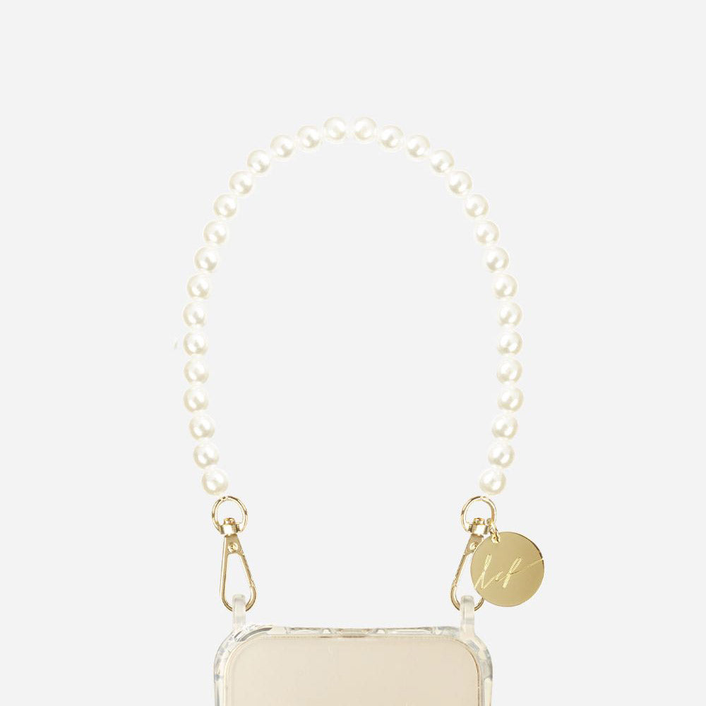 white pearl short phone chain with gold hardware