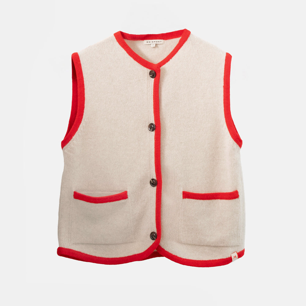 Beige vest with red trim on a white background