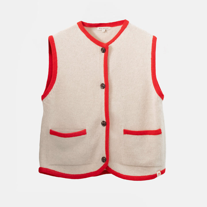 Beige vest with red trim on a white background