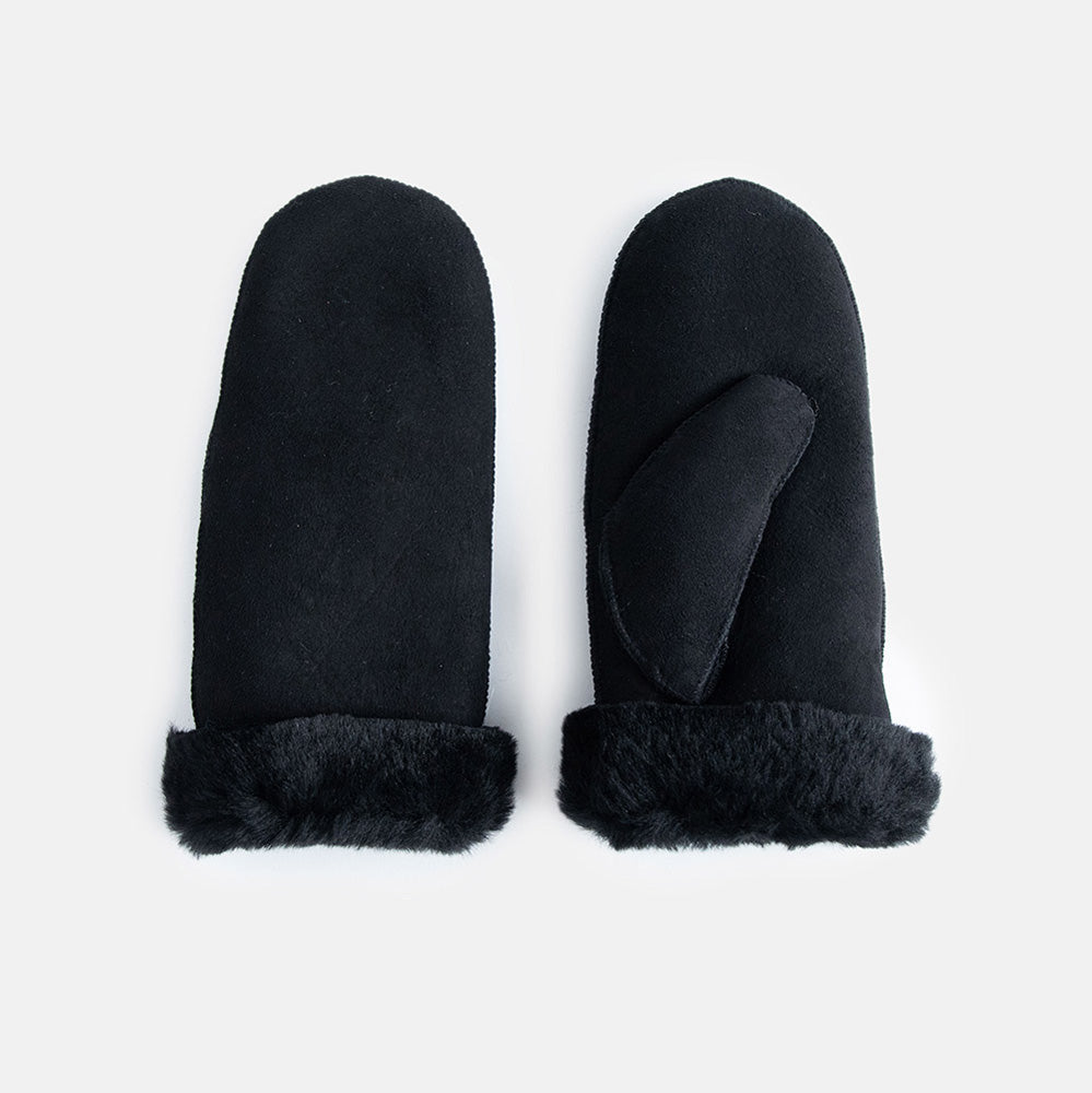 black suede mittens with black shearling lining