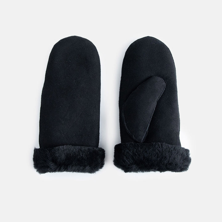 black suede mittens with black shearling lining