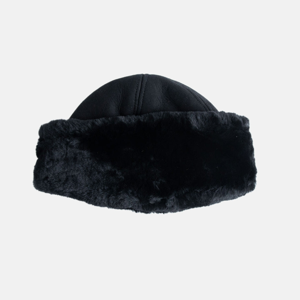 women's black suede hat with black shearling lining