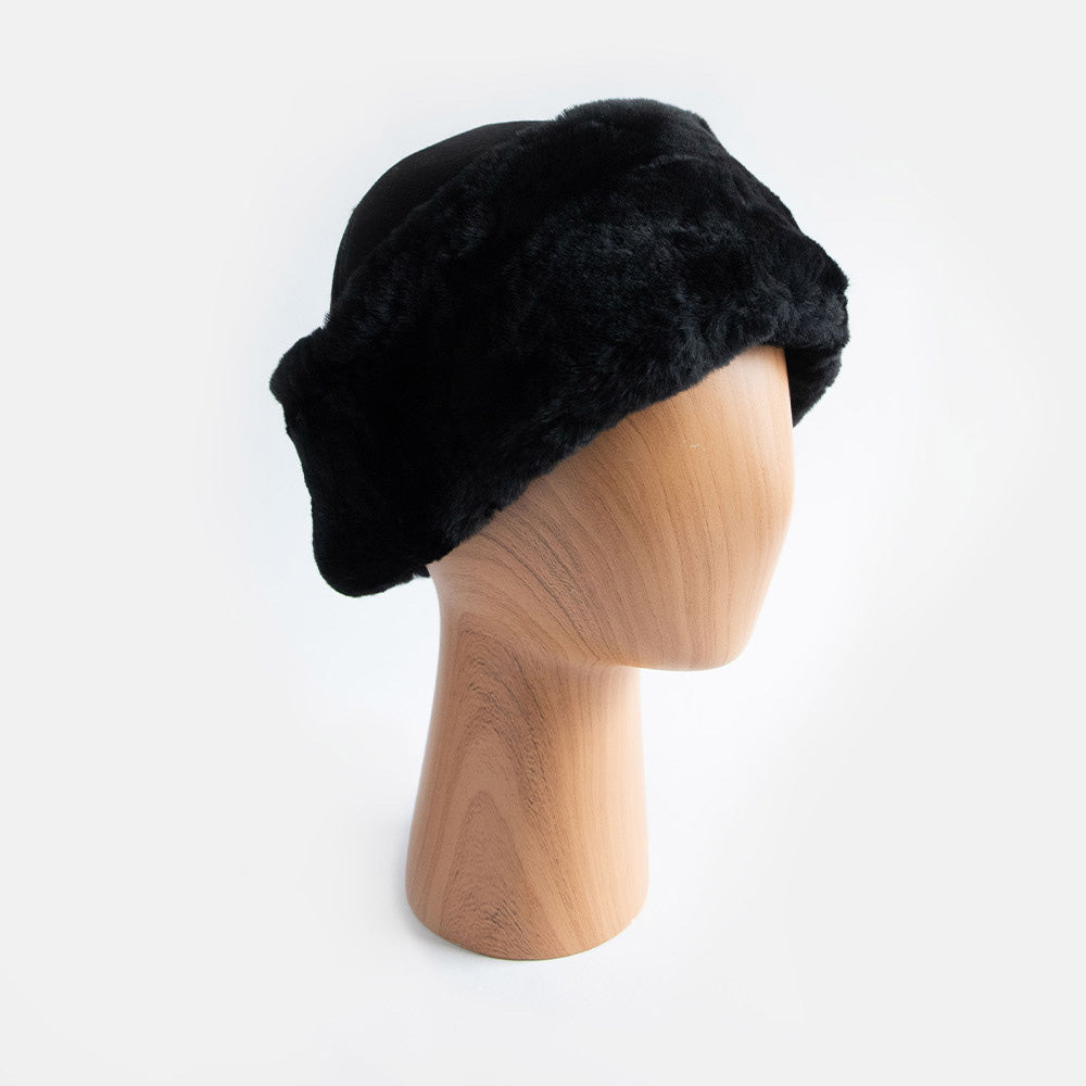 women's black suede hat with black shearling lining