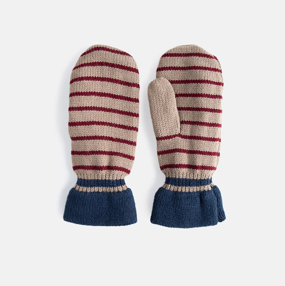 women's knitted mitten in light brown colour with burgundy stripes and a navy blue cuff