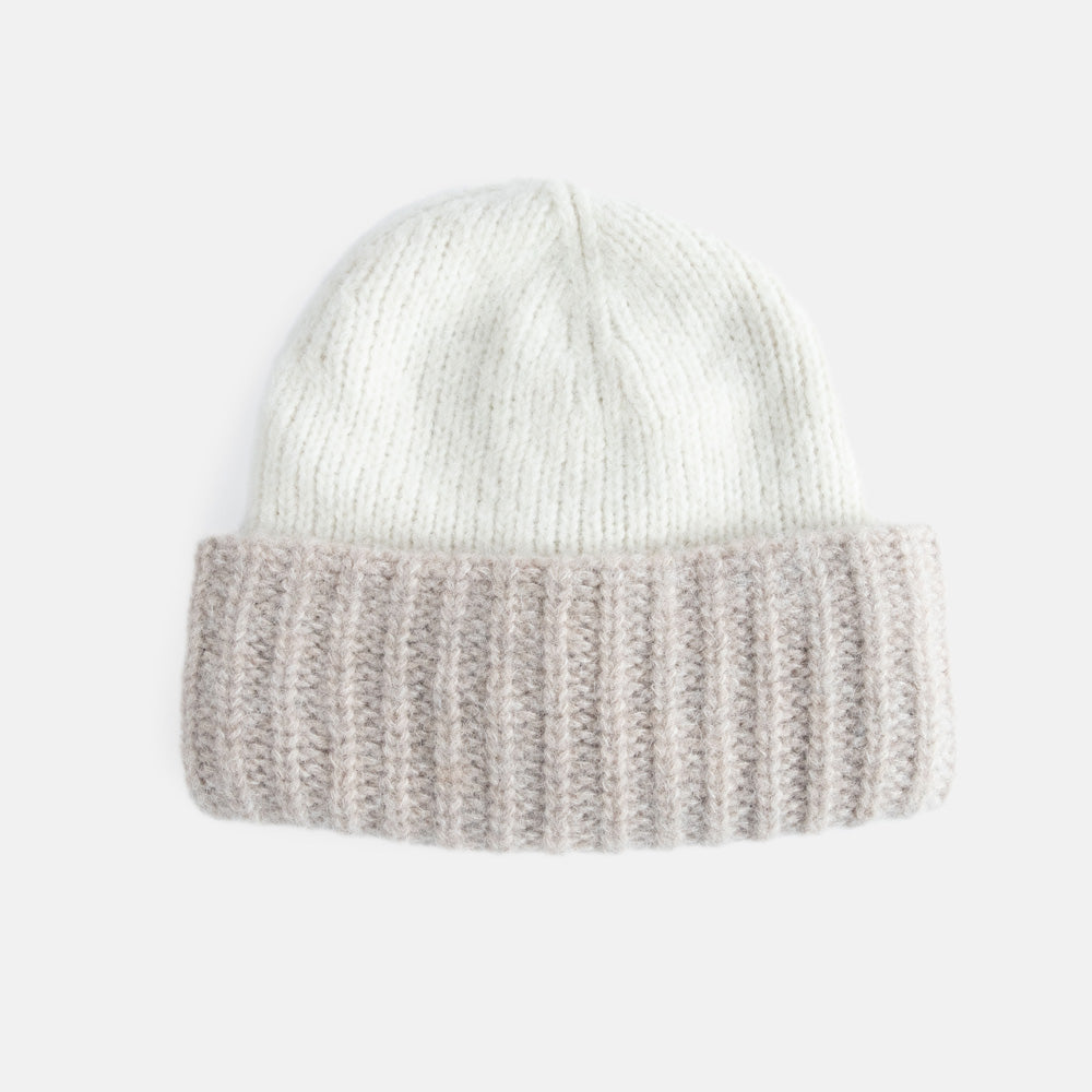 women's alpaca wool blend two tone beanie hat in ecru white with beige rim