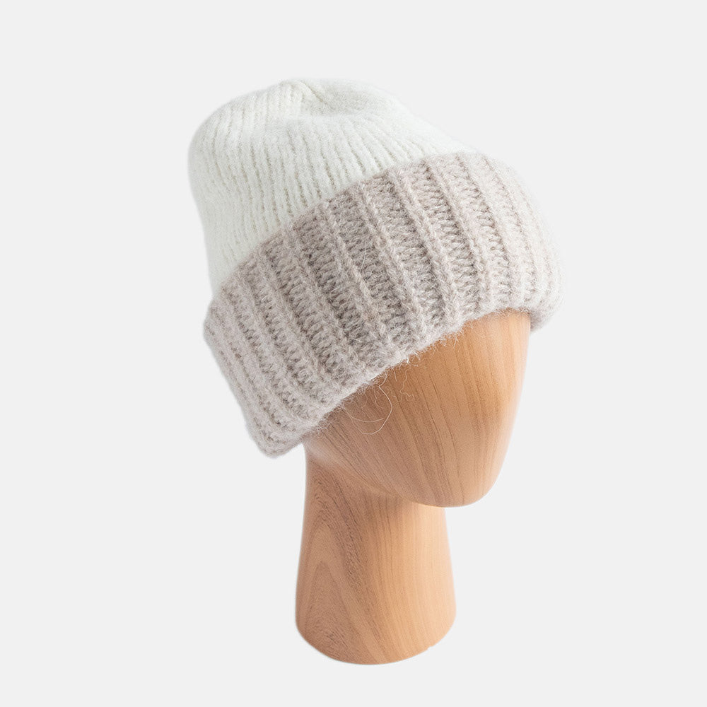 women's alpaca wool blend two tone beanie hat in ecru white with beige rim