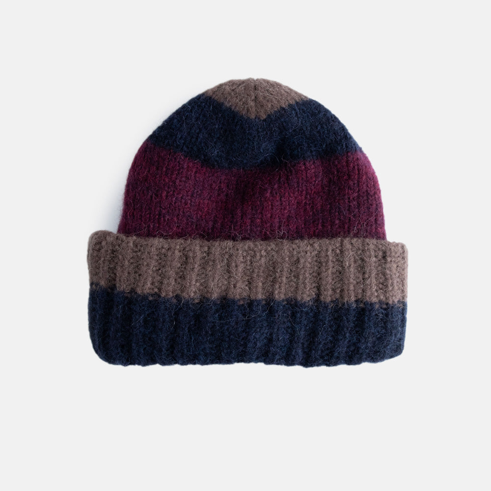 unisex beanie hat in navy blue, burgundy red and brown stripe design