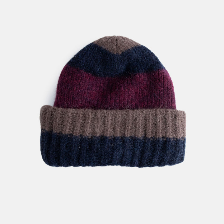 unisex beanie hat in navy blue, burgundy red and brown stripe design