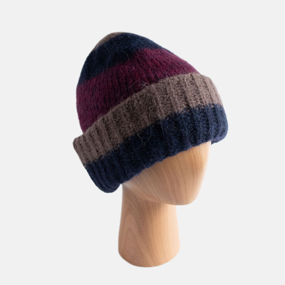 unisex beanie hat in navy blue, burgundy red and brown stripe design