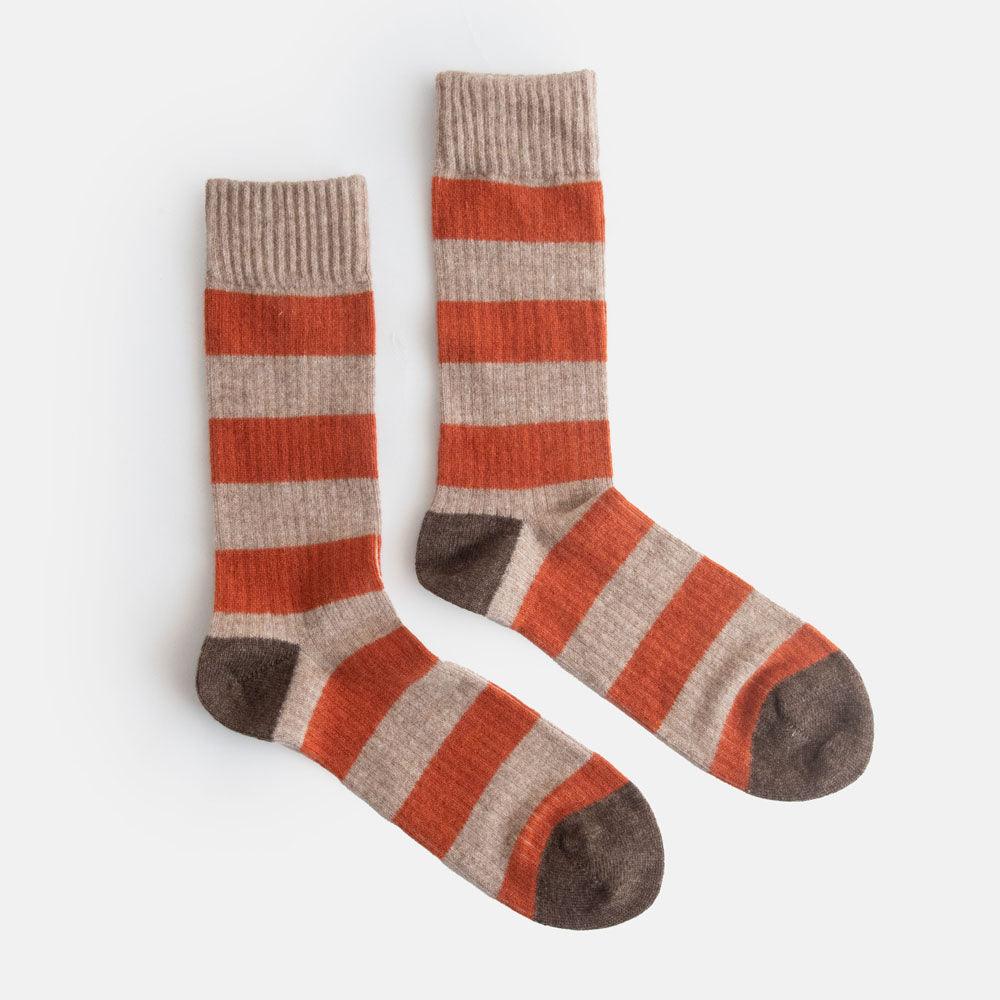 men's orange and beige wide stripe merino blend sock with contrast brown toe and heel