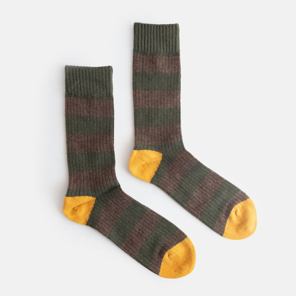 men's merino wool socks in green and brown wide stripe with contrast yellow heel and toe