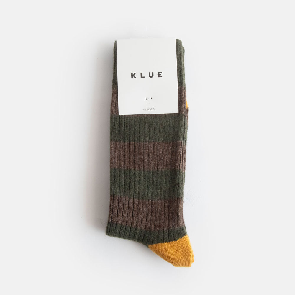 men's merino wool socks in green and brown wide stripe with contrast yellow heel and toe