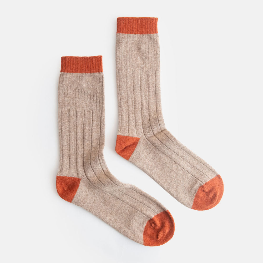 men's beige merino blend socks with orange contrast trim at top, heel and toe