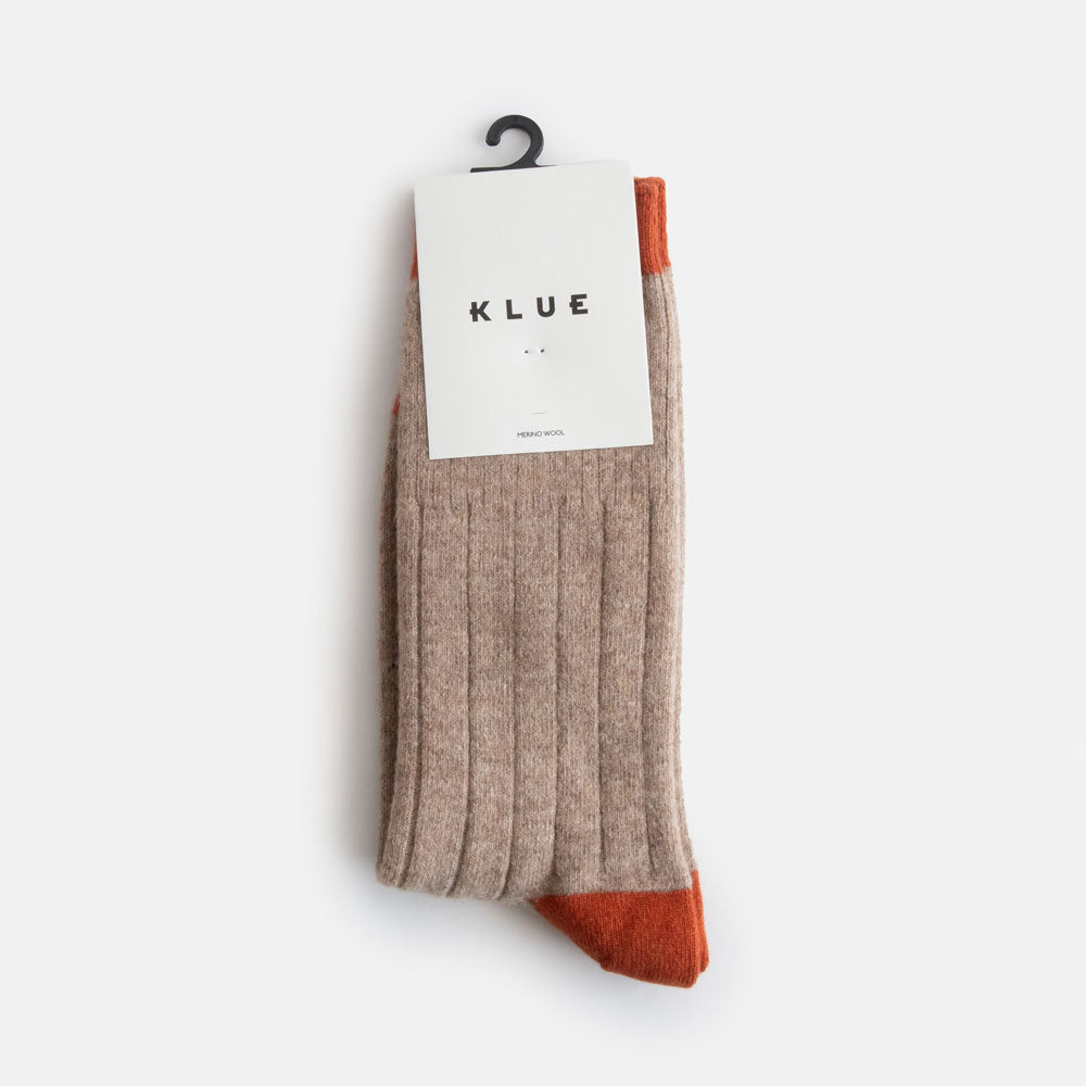 men's beige merino blend socks with orange contrast trim at top, heel and toe
