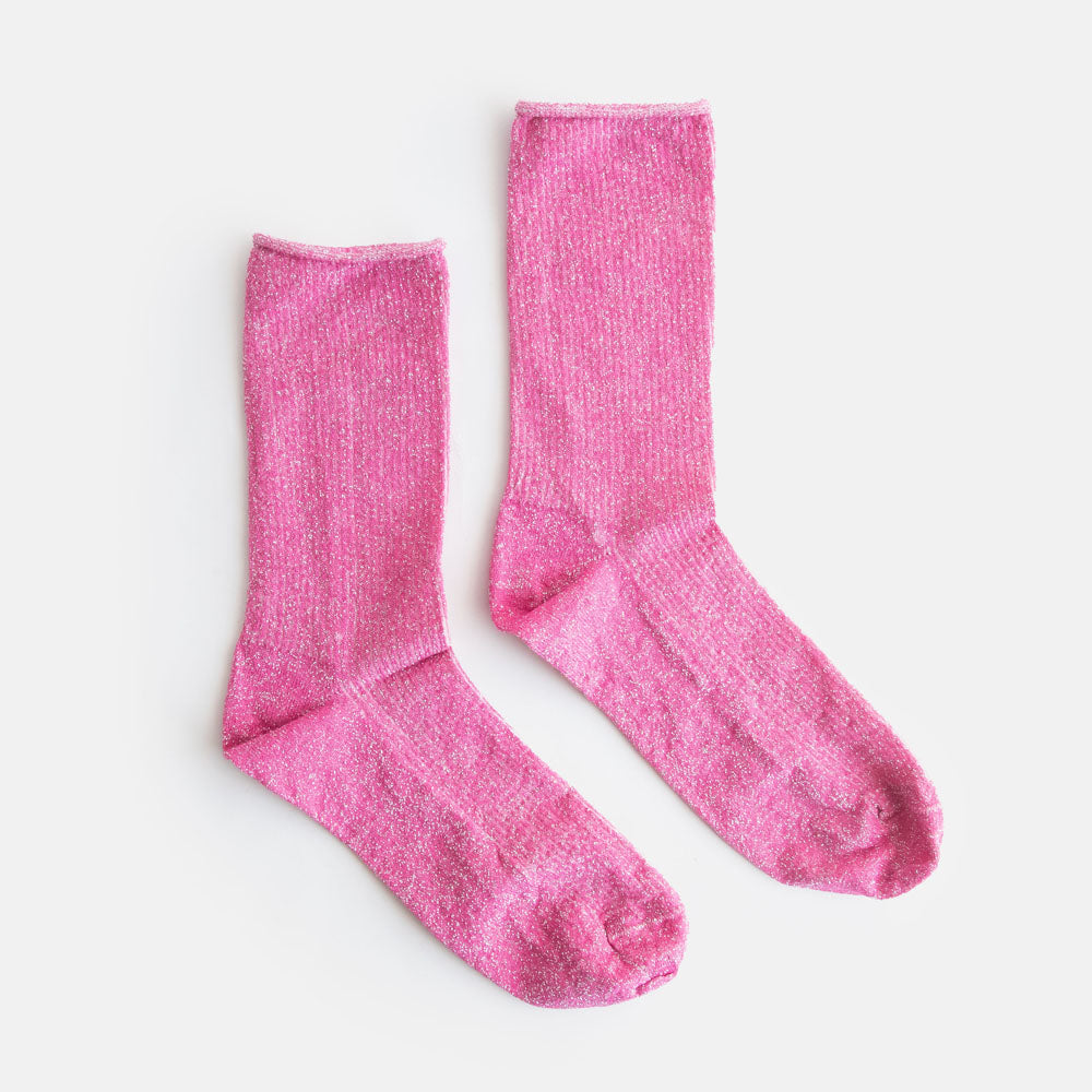 women's mid calf length fuchsia pink sparkle rib bamboo socks