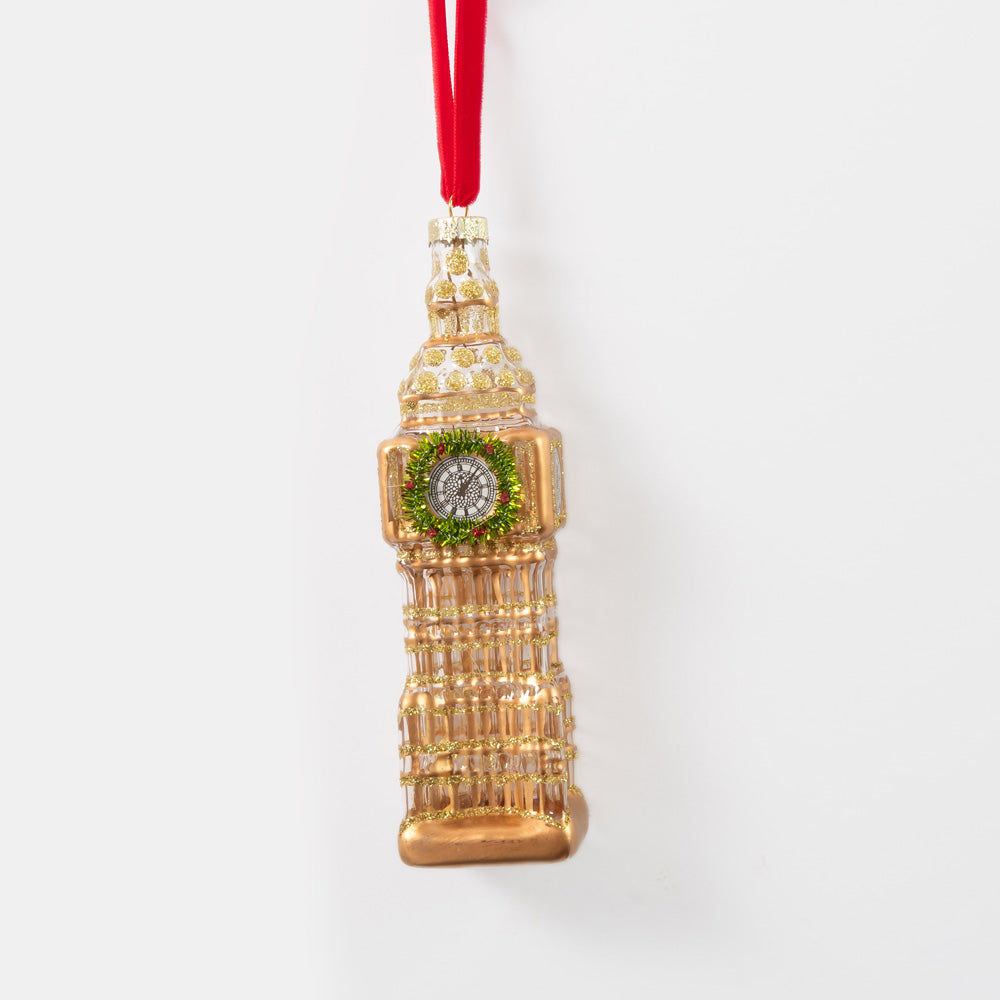 gold & clear glass big ben clock tower hanging christmas tree decoration