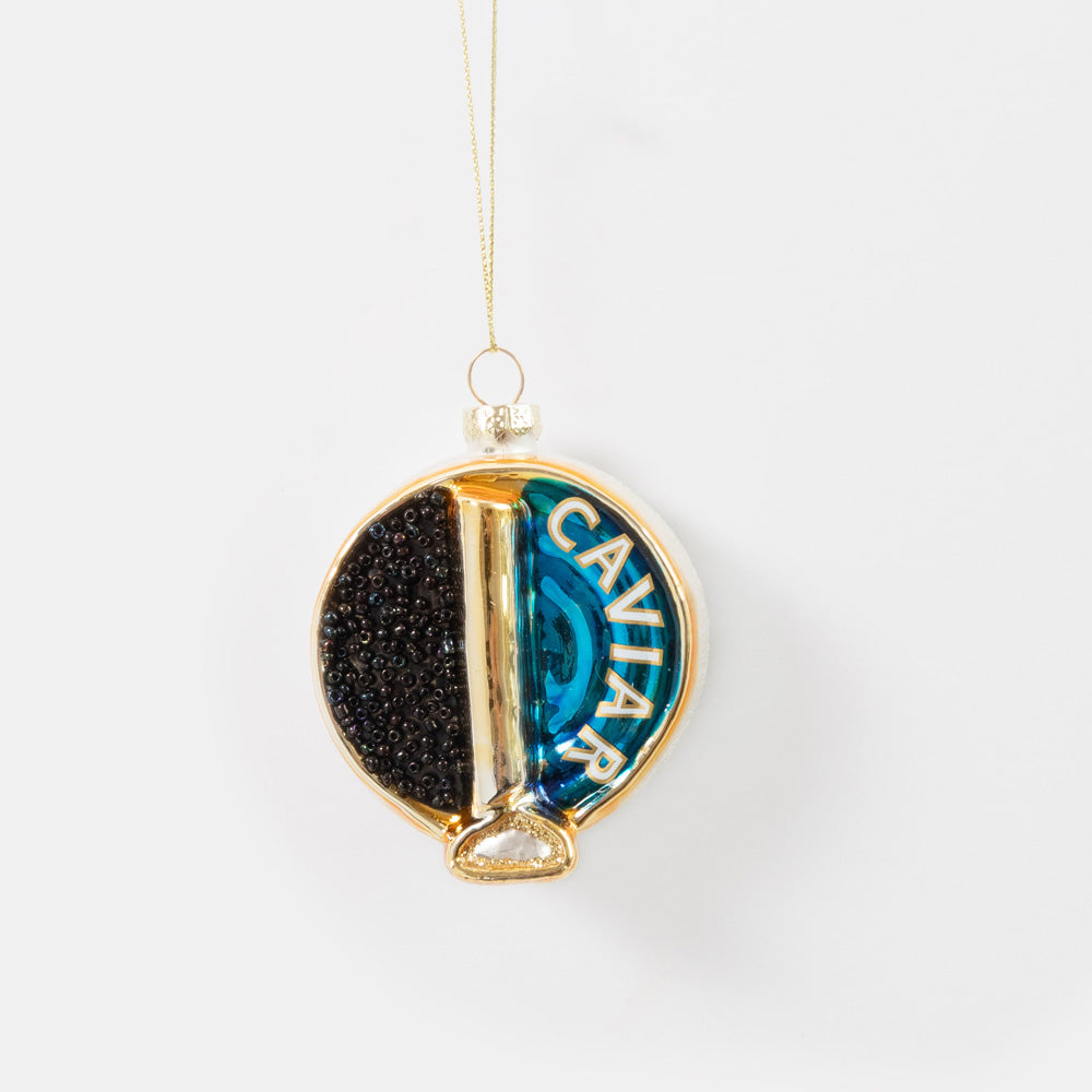 blue tin of caviar glass hanging christmas tree decoration
