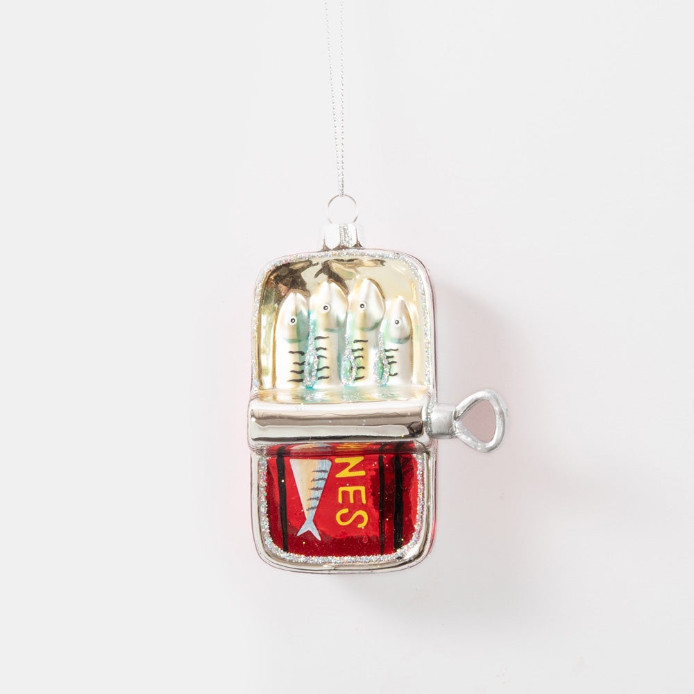 half rolled back tin of sardines glass hanging christmas tree decoration