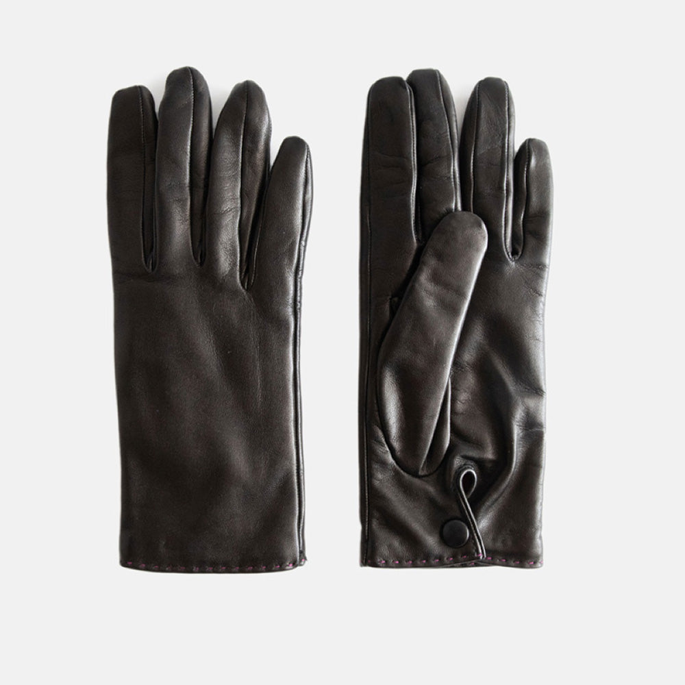 pair of women's leather gloves with popper closure at wrist, in black