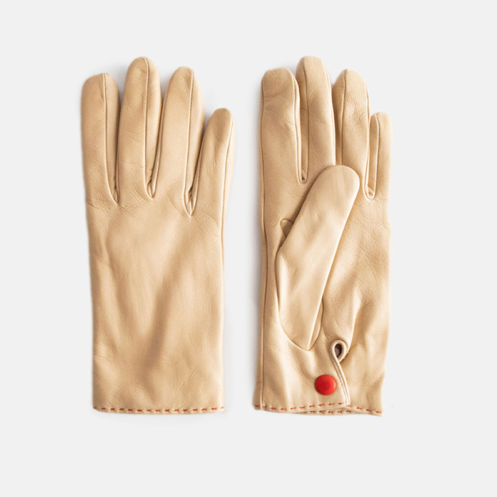pair of women's leather gloves with popper closure at wrist, in cream colour