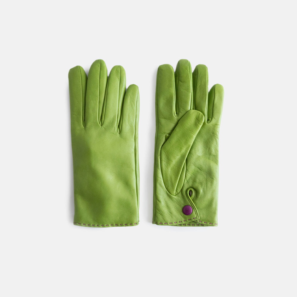 pair of women's leather gloves with popper closure at wrist, in moss green