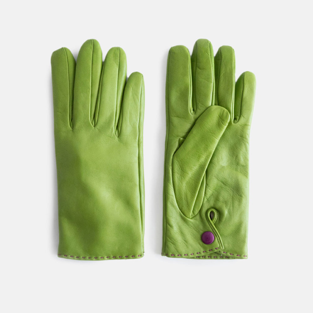 pair of women's leather gloves with popper closure at wrist, in moss green