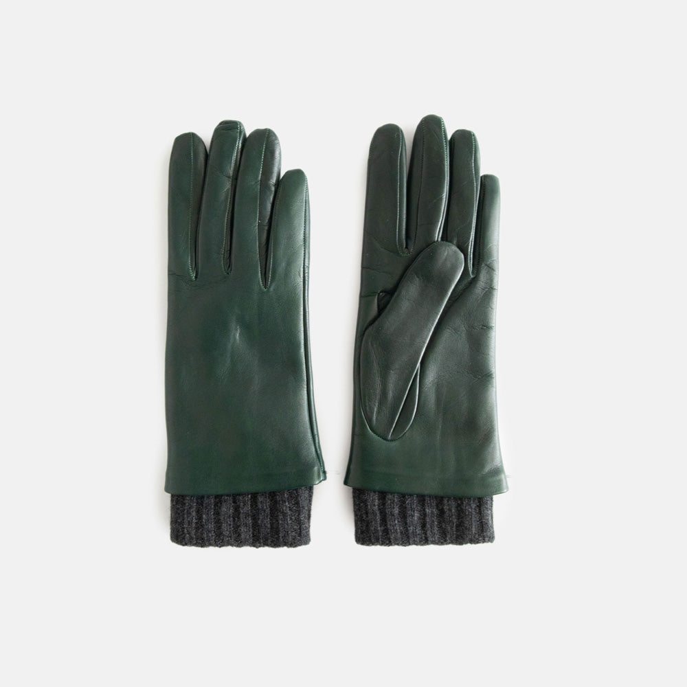 pair of women's leather gloves in dark green with grey ribbed wrist cuff