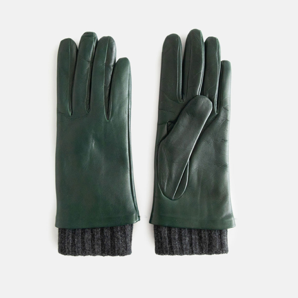 pair of women's leather gloves in dark green with grey ribbed wrist cuff