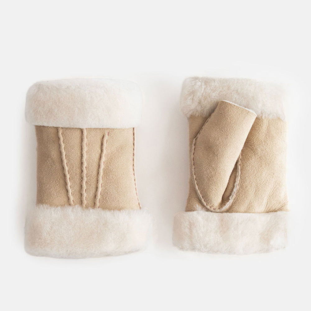 pair of women's sheepskin shearling wrist warmers in natural cork colour