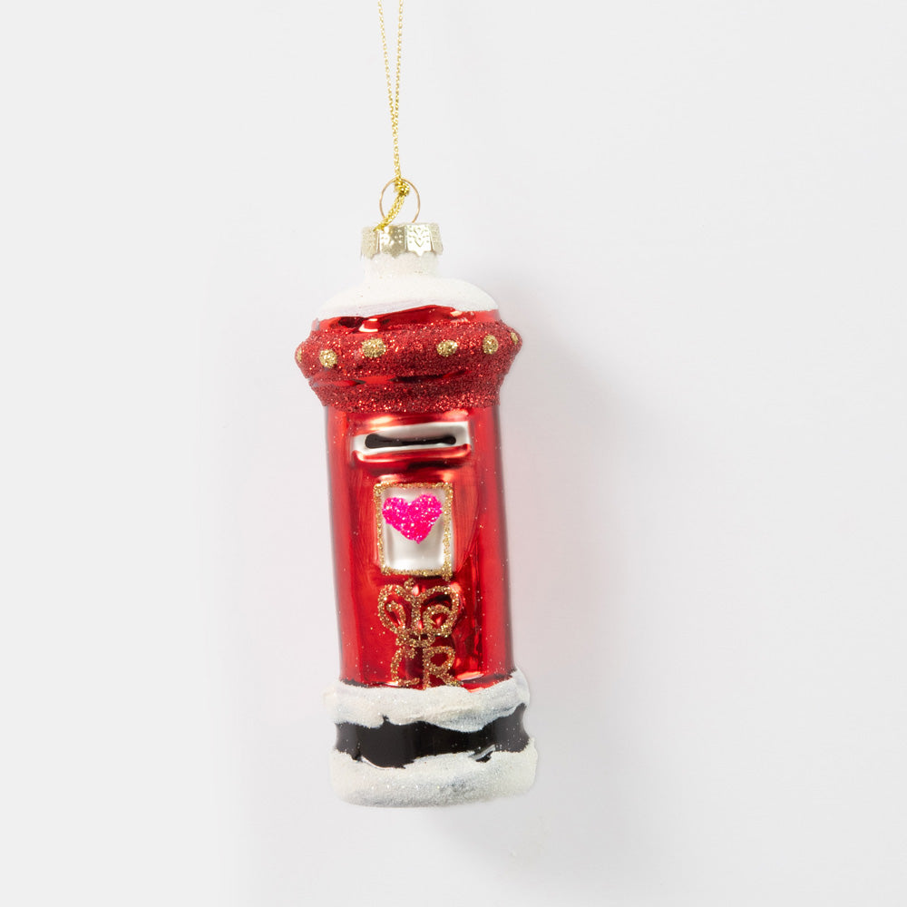 red snow topped post box hanging christmas tree decoration