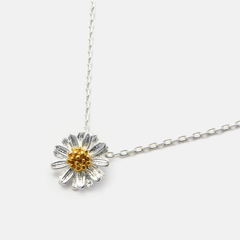 silver plated chain link necklace with silver and gold wildflower charm 