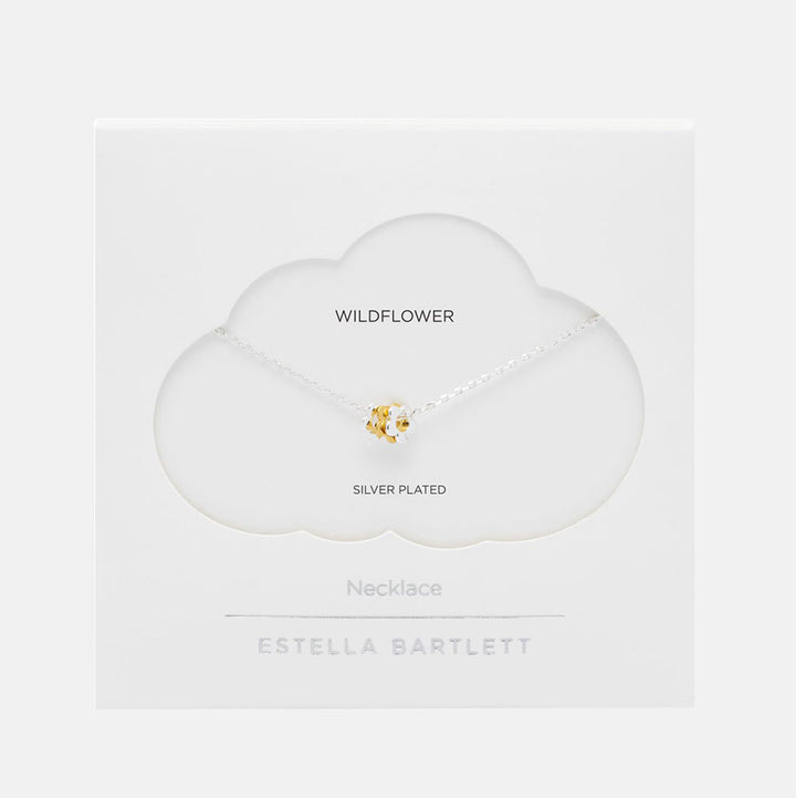 silver plate link chain necklace with three flower shaped charms, two in silver and one in gold