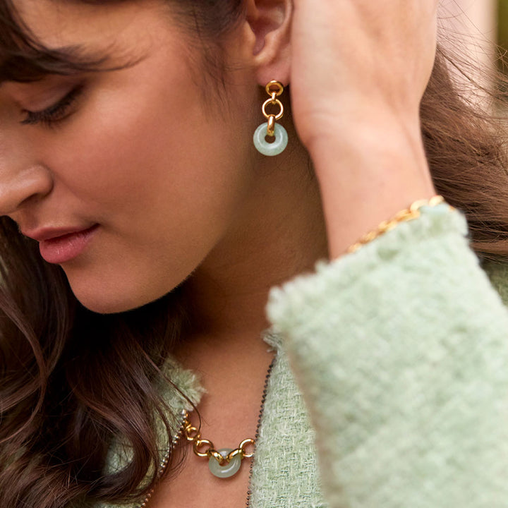 gold plated graduated link drop earrings with green amazonite quartz gemstone disc