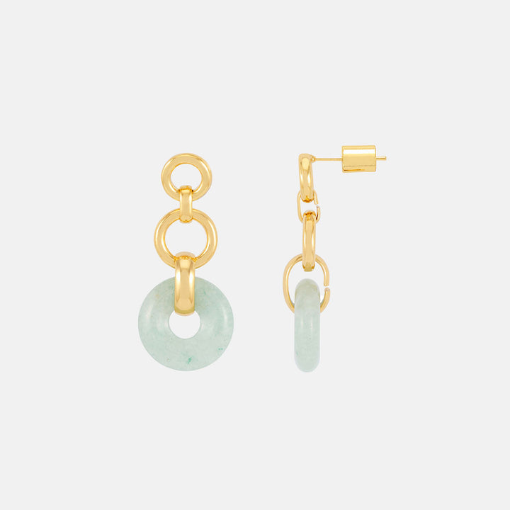 gold plated graduated link drop earrings with green amazonite quartz gemstone disc