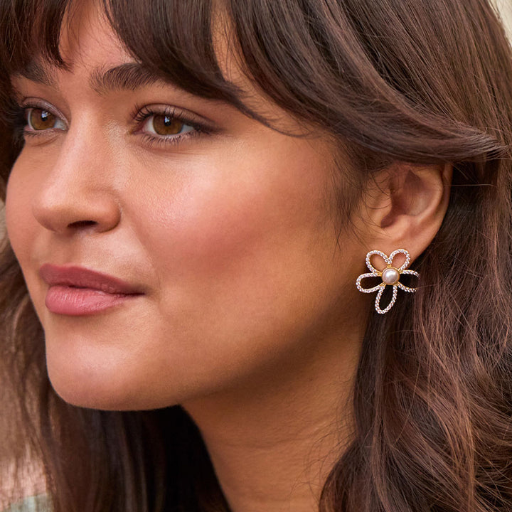gold plated flower earrings with pearl and cubic zirconia