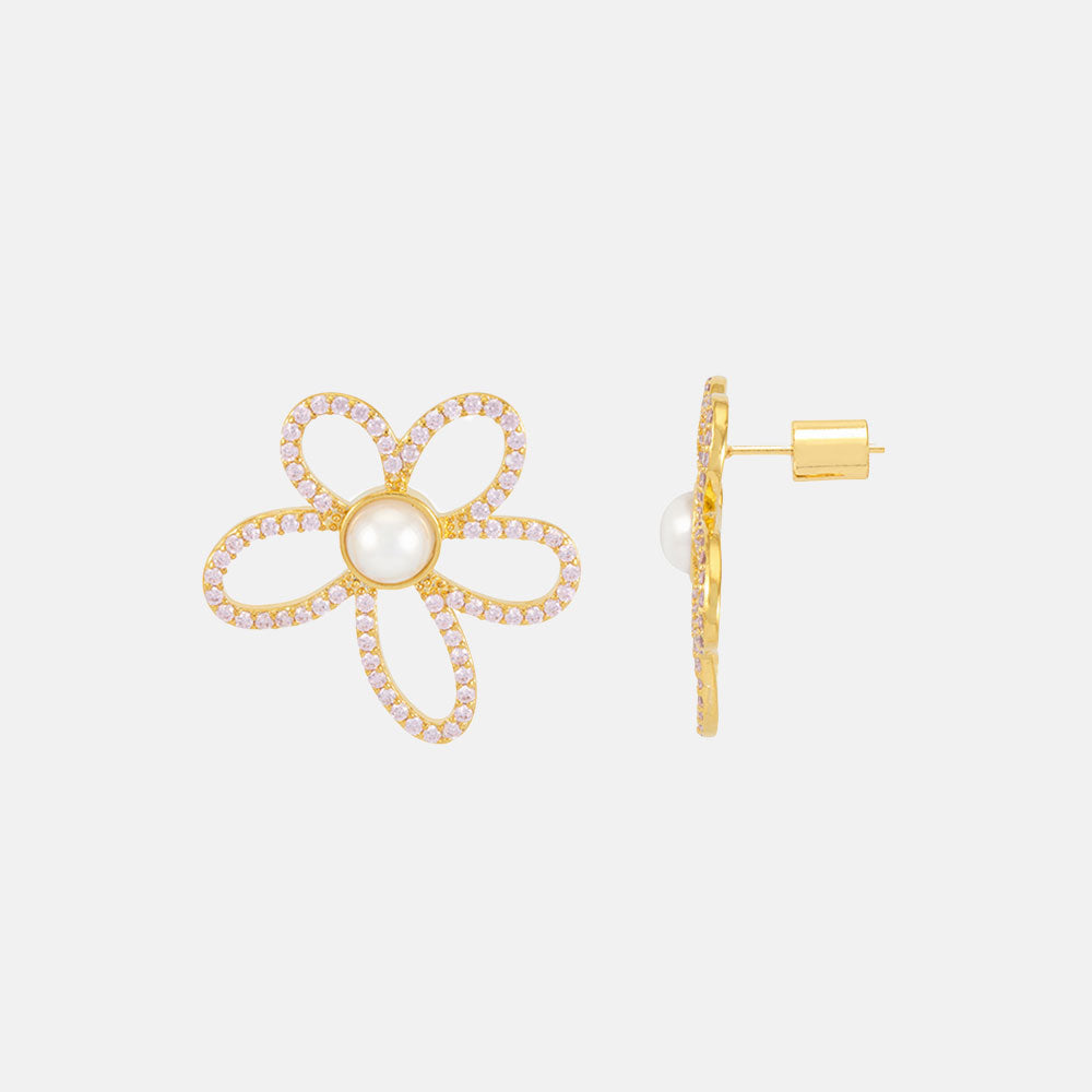 gold plated flower earrings with pearl and cubic zirconia