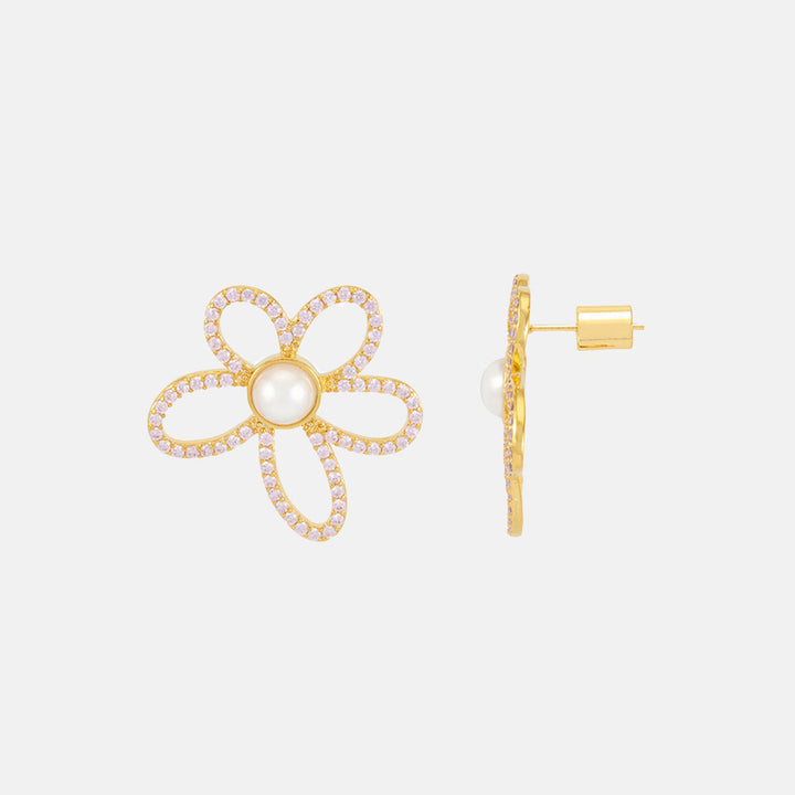 gold plated flower earrings with pearl and cubic zirconia