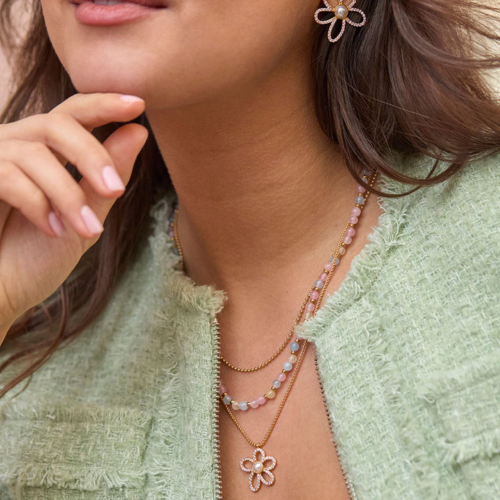 gold plated fine chain necklace with flower charm featuring a central pearl and set with small cubic zirconia