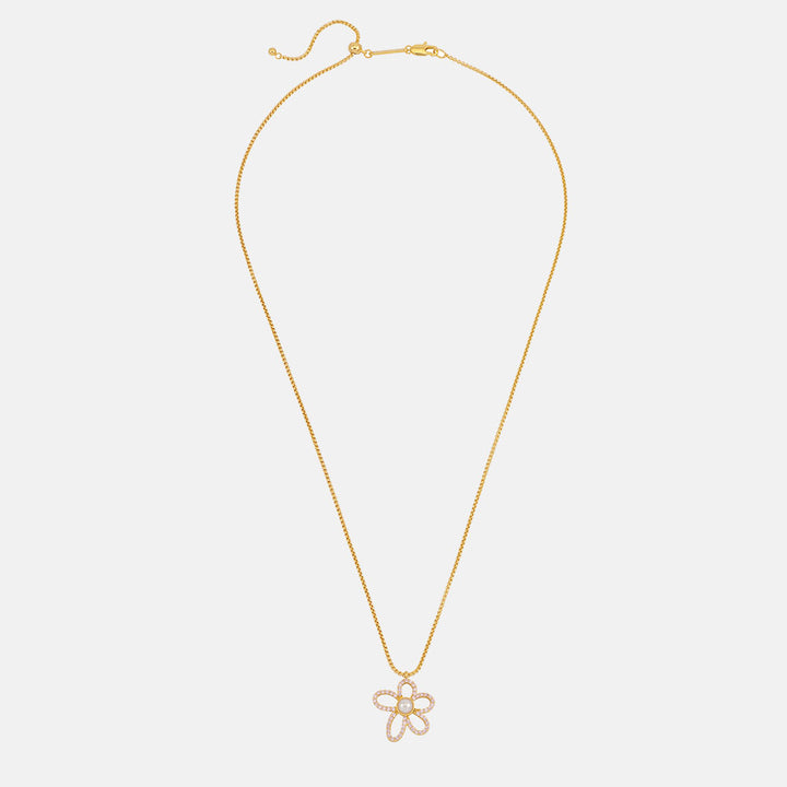 gold plated fine chain necklace with flower charm featuring a central pearl and set with small cubic zirconia