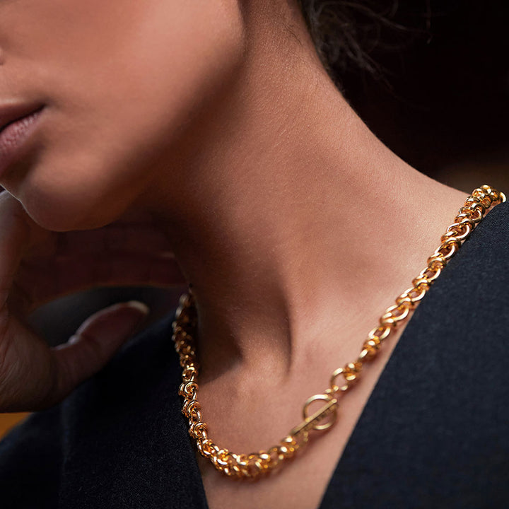 gold plated chunky knot link t bar necklace